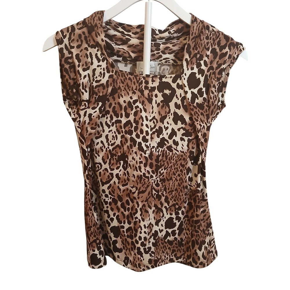 Jon Den Womens Leopard Print Cowl Neck Sleeveless Top Brown Tan Size M